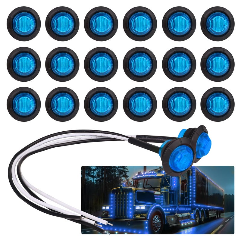 TMH (Pack of 20 3/4 Inch Round Blue LED Side Indicator Marker Lights with Grommets for Truck Trailer Pickup Lorry 12V DC Surface Mount 3led - Image 1